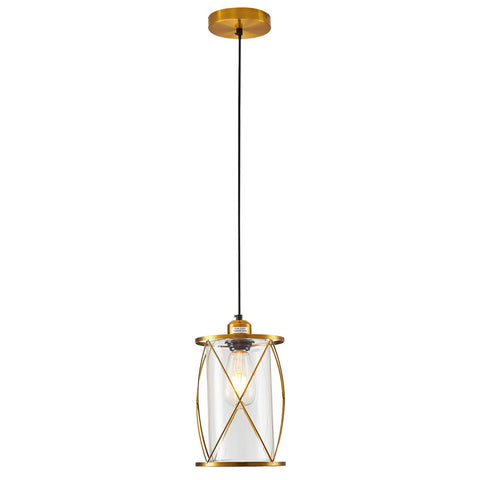 Modern Brushed Brass Mini Pendant Light With Clear Glass Shade 1-Light Adjustable Cylinder Pendant Fixture