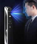 Ultimate Smart Door Lock Featuring Visual Intercom And 3D Fingerprint Recognition With Remote Unlock Capability Large screen video camera capturing biometric scan.