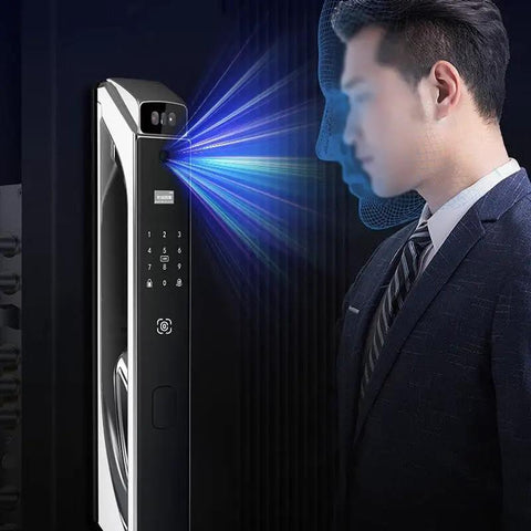 Slick Smart Video Door Lock With Hella Secure Fingerprint Reader Featuring Large Touchscreen Panel Remote Access Function Zero Hassle Keyless Entry For Daily Home Use in use, man scanning face with door lock