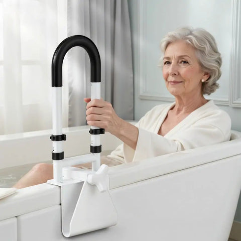 Rock Solid Adjustable Bathtub Safety Rail And Grab Bar Handle With Non Skid Grip For Steady Balance clamp installed on a tub with a senior using it.