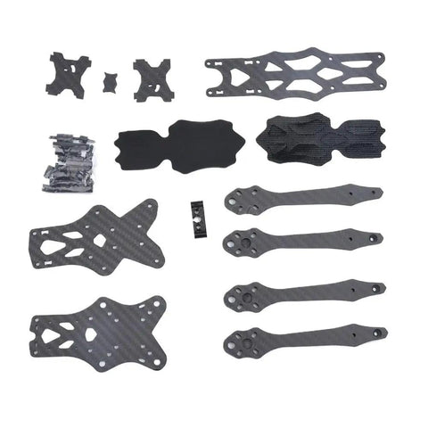 Lightweight Carbon Fiber 5 Inch Quadcopter Frame Kit With 5.5mm Arms For Racing Drones, Adjustable 225mm To 260mm Span components laid out