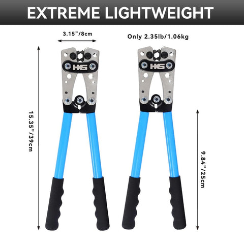Heavy Duty Battery Cable Crimping Tool Kit With Rotatable Jaw And Six Crimp Sizes From 10 To 1 AWG shown with blue handles.