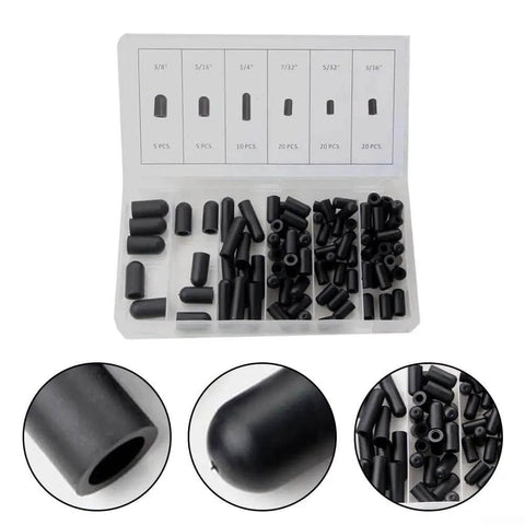 80 Piece Rubber Vacuum Line Cap Assortment Kit For Carburetor And Engine Manifolds With 6 Sizes Including 5/32 Inch To 3/8 Inch Great For Tight Seals And Fast Auto Repairs Under the Hood. Black rubber caps in organizer box, six sizes for engine vacuum line sealing.