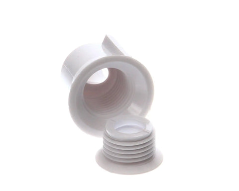 Drain Flange With Adapter White Genuine OEM Replacement Part For Commercial Refrigeration Equipment, Perfect Fit For Ice Machines And Freezers, Heavy Duty, No Brainer Install, Essential Service Access. White plastic threaded drain flange with adapter, front view.