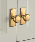Antique Brass Cabinet Knobs With Backplate Escutcheon on white cabinet door, vintage zinc alloy round beaded pull hardware