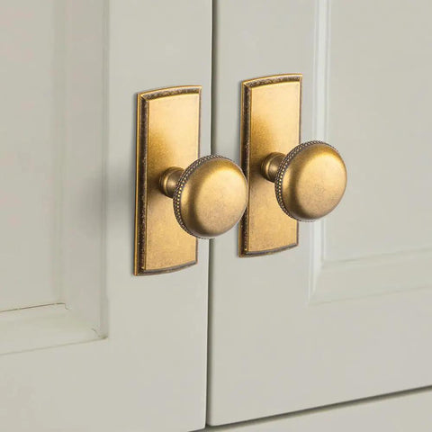 Antique Brass Cabinet Knobs With Backplate Escutcheon on white cabinet door, vintage zinc alloy round beaded pull hardware