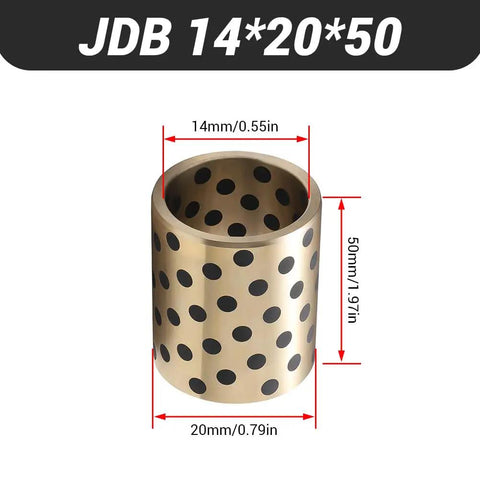 5 Pack Slick Brass Graphite Sleeve Bearings Oilless Self Lube Bushings dimensions 14mm bore 20mm OD 50mm length isolated on white