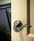 Estate Door Lever and Rose Knob Set for a Customizable Home Hardware Upgrade, metallic 4 inch lever on wooden door
