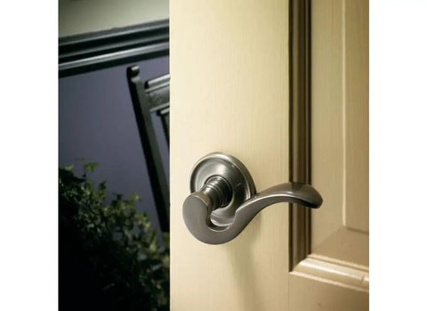 Estate Door Lever and Rose Knob Set for a Customizable Home Hardware Upgrade, metallic 4 inch lever on wooden door