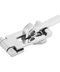 Close-up of boat hatch latch clamp, 316 stainless steel anti-rattle locking mechanism, silver 120mm