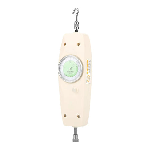 Analog Force Meter With Six Tip System, Handy Push Pull Dynamometer For Electronics And Auto Parts, Precise 0.5N Division Accuracy And 0.1N Consistency, Includes Flat Cone Convex Hook Rod Tips, 100N Capacity. Single-hook analog force meter front view, beige body.