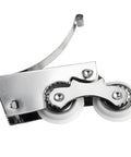 Six Pack Heavy Duty Double Wheel Door Pulleys With Slick As Butter Glide Action For No Hassle Sliding Glass Doors And Windows Quick Swap Wardrobe Track Glides Repair Kit with shiny silver finish and dual wheels.