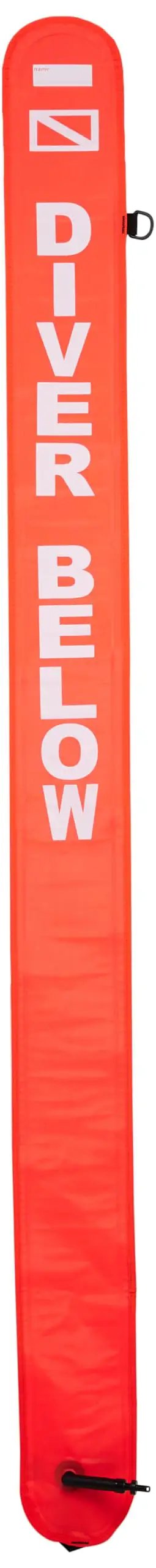 6ft Surface Marker Buoy SMB High Visibility Dive Signal Tube Durable Nylon TPU in orange with 'DIVER BELOW' text visible.