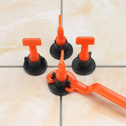 Tile Leveling System 200pc Pack Reusable Tile Levelers and Spacers for Walls and Floors with Handy Wrench in use