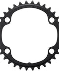 34T Asymmetric Inner Chainring for 12-Speed Road Cranks, 110 BCD, Black Aluminum, circular shape with bolt holes, top view