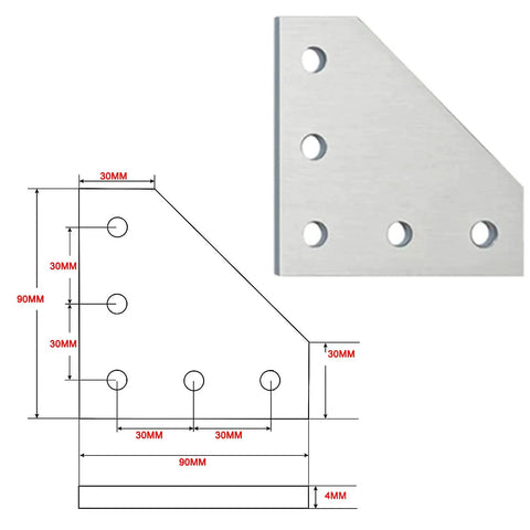 Technical drawing and front view of Sturdy 3030 Corner Bracket L Shape Connector Kit For Aluminum Extrusion Profiles Five Hole Joint Plate