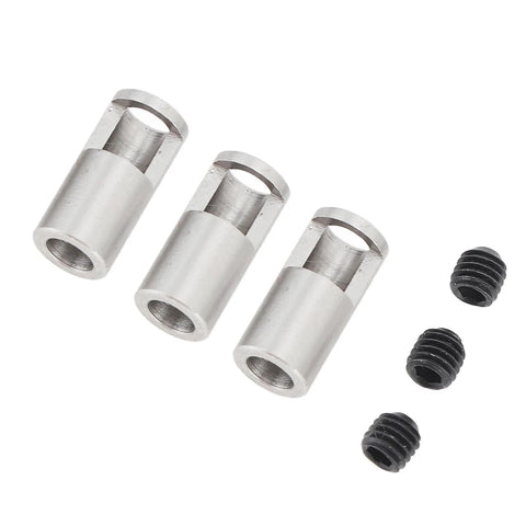 Three stainless steel pinion reducer sleeves for 8mm to 5mm shafts with threaded bores and set screws