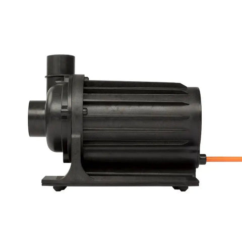 Top Shelf DC Water Pump With Smooth Operation And Rugged Build Delivers Up To 4900 Gph Ideal For Koi Ponds And Large Aquariums Features IP65 Splash Proof Controller Plus Ten Foot Cord For Kickass Pond Flow side view of heavy-duty black pump with power cord.
