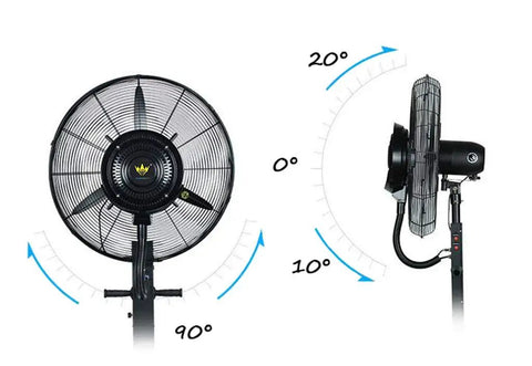 Keep It Chill With This Tall Misting Fan Packin Three Durable Speeds, Whisper Quieter Motor, And Full Room Oscillation, showing adjustable misting fan angles.