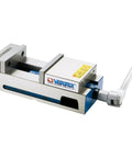 Heavy Duty 6 Inch Precision Machine Vise With Lock Fixed Downward Clamp For Cnc Mills Straight Shooting Alignment No Drift Hardened Steel Jaw Shop Ready Tool with silver finish and movable lever.