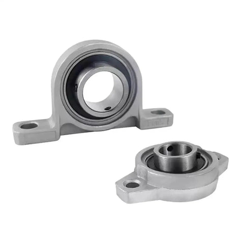 Premium Zinc Alloy Pillow Block Bearing KP000 Series Heavy Duty Mounted Bearings Keep Your Machine Running Smooth with Anti Rust and Corrosion Proof Sealed Units Designed for Continuous Load Cycles Get a Rock Solid Performance Many Sizes Ready Now. silver pillow block bearing, front and top views