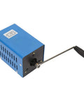 Crank Powered Portable USB Emergency Generator with hand crank, blue casing, for outdoor camping and disaster prep, side view.