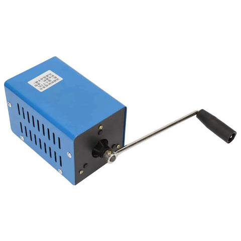 Crank Powered Portable USB Emergency Generator with hand crank, blue casing, for outdoor camping and disaster prep, side view.