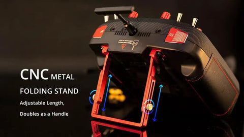Boxer Max Transmitter Remote for RC Drones with Carbon Fiber Pattern Case showing CNC metal folding stand and handle
