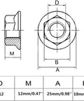 Technical drawing of Four Pack M12 X 1.5mm Metric Fine Thread Hex Flange Nuts Forged From Solid 304 Stainless Steel.