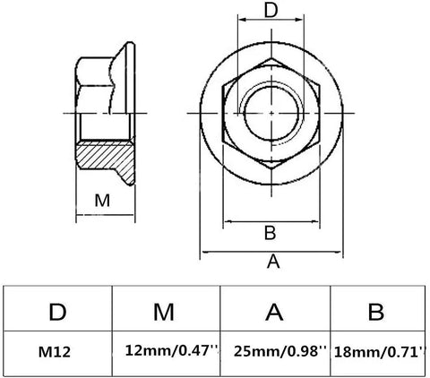 Technical drawing of Four Pack M12 X 1.5mm Metric Fine Thread Hex Flange Nuts Forged From Solid 304 Stainless Steel.