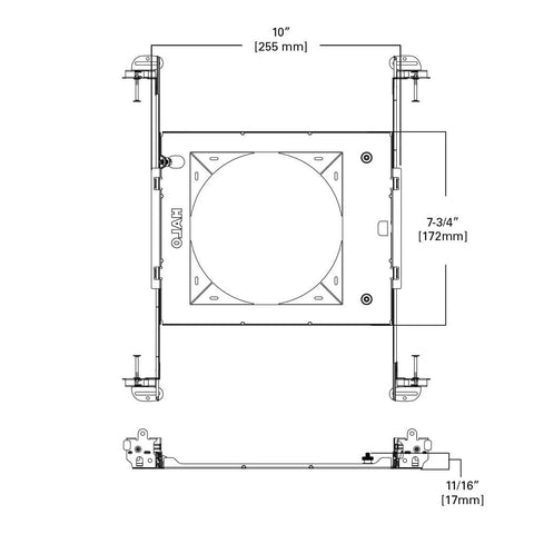 Diagram of Canless LED Recessed Light 6 Inch mounting frame, 4 pack, wet rated with measurements in inches and millimeters.