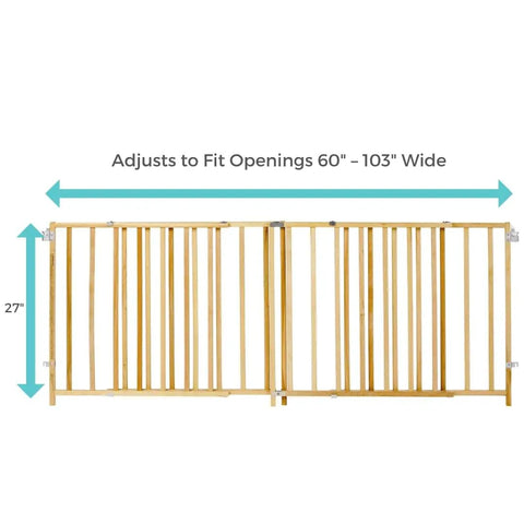Extra Wide Swing Wooden Baby Gate For Large Openings, Adjustable From 60 To 103 Inches, 27 Inches Tall with dimensions shown