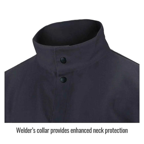 9 Oz Flame-Resistant Cotton Welding Jacket With Welder's Collar Leather Reinforced Snaps Scribe Pocket And Inside Pocket 30 Inch