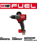 Knockout 1/2 Inch M18 Fuel Brushless Cordless Drill Driver showing compact design, metal chuck, and auto stop feature.