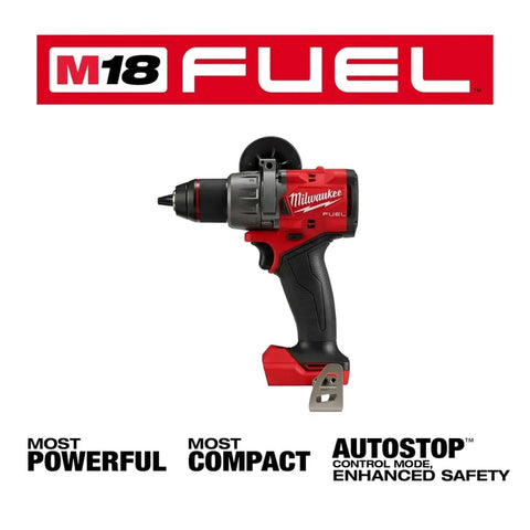 Knockout 1/2 Inch M18 Fuel Brushless Cordless Drill Driver showing compact design, metal chuck, and auto stop feature.