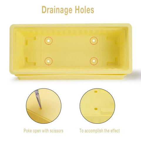 Top view of yellow Six Pack Window Box Planters Set 17 Inch Long Rectangular Plastic Planter Boxes With Tray showing drainage holes.