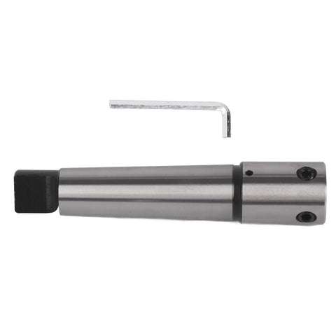 Morse taper arbor sleeve drill adapter MT4 to R8, 19.05 mm; silver metal shaft with square drive on left and two holes on right
