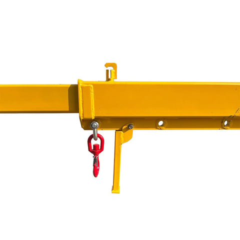 Heavy Duty Forklift Jib Boom Crane Attachment 4400 Lbs Capacity Manual Telescoping Boom with red swivel hook detail.