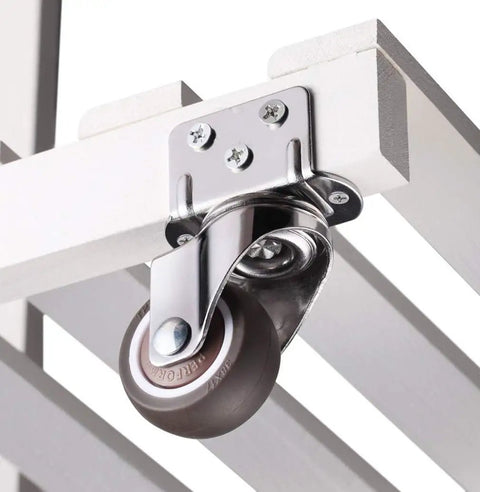 Top Shelf Swivel Casters With Brakes And Slick Nylon Wheels For Flower Stands And Furniture easy setup, mounted on a wooden shelf.