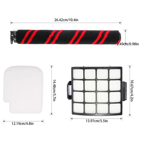 Stratos DuoClean Upright Vacuum Replacement Kit with 1 roller brush, 2 HEPA filters, and 4 foam and felt sets dimensions