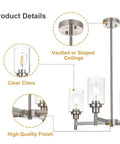 Diagram of four light modern chandelier with slick brushed nickel finish pendant lighting with clear glass shades, product details highlighted