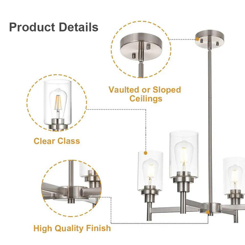 Diagram of four light modern chandelier with slick brushed nickel finish pendant lighting with clear glass shades, product details highlighted