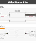 Wiring diagram and dimensions for 24V 200W UL Listed Dimmable Power Supply with 0 to 10V and Triac Dimming Waterproof IP67 LED Driver.
