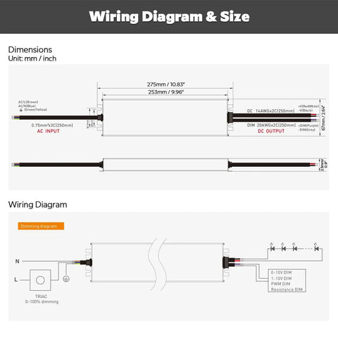 Wiring diagram and dimensions for 24V 200W UL Listed Dimmable Power Supply with 0 to 10V and Triac Dimming Waterproof IP67 LED Driver.