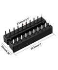 Dual Row DIP IC Socket Adaptor With 2.54mm Pitch And 7.6mm Row Distance, 20 Flat Pins, showing dimensions in black plastic and metal