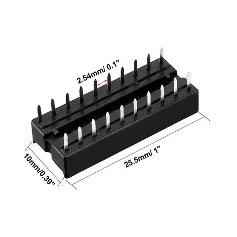 Dual Row DIP IC Socket Adaptor With 2.54mm Pitch And 7.6mm Row Distance, 20 Flat Pins, showing dimensions in black plastic and metal