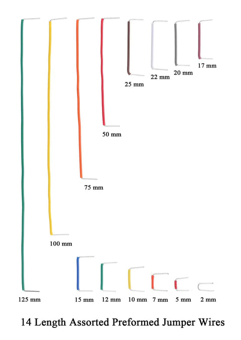14 length assorted preformed jumper wires from Real 20AWG Breadboard Jumpers Kit With 140 Assorted U Shape Wires, Preformed Cables.