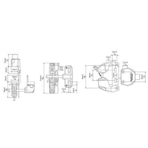 Technical drawing of a Two Sided Gate Latch With External Button And Key Lock For Square Post Fence Gates, measurements included.