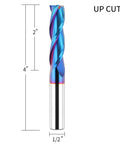 Front view of EANOSIC upcut spiral router bit, 3-flute, 1/2 in shank, 1/2 in cutting dia, 4 in length, carbide with nACo coating