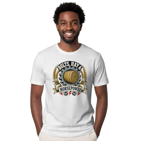 Men's Vintage Hay Horsepower T-Shirt Featuring Soft 100% Cotton Fabric With Distressed Farm Garage Badge Graphic Perfect For Working In The Barn Or Hanging Out At The Shop On Weekend Vibes.
